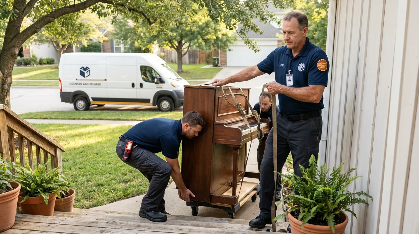 Licensed piano movers securing grand piano in Staunton, IL