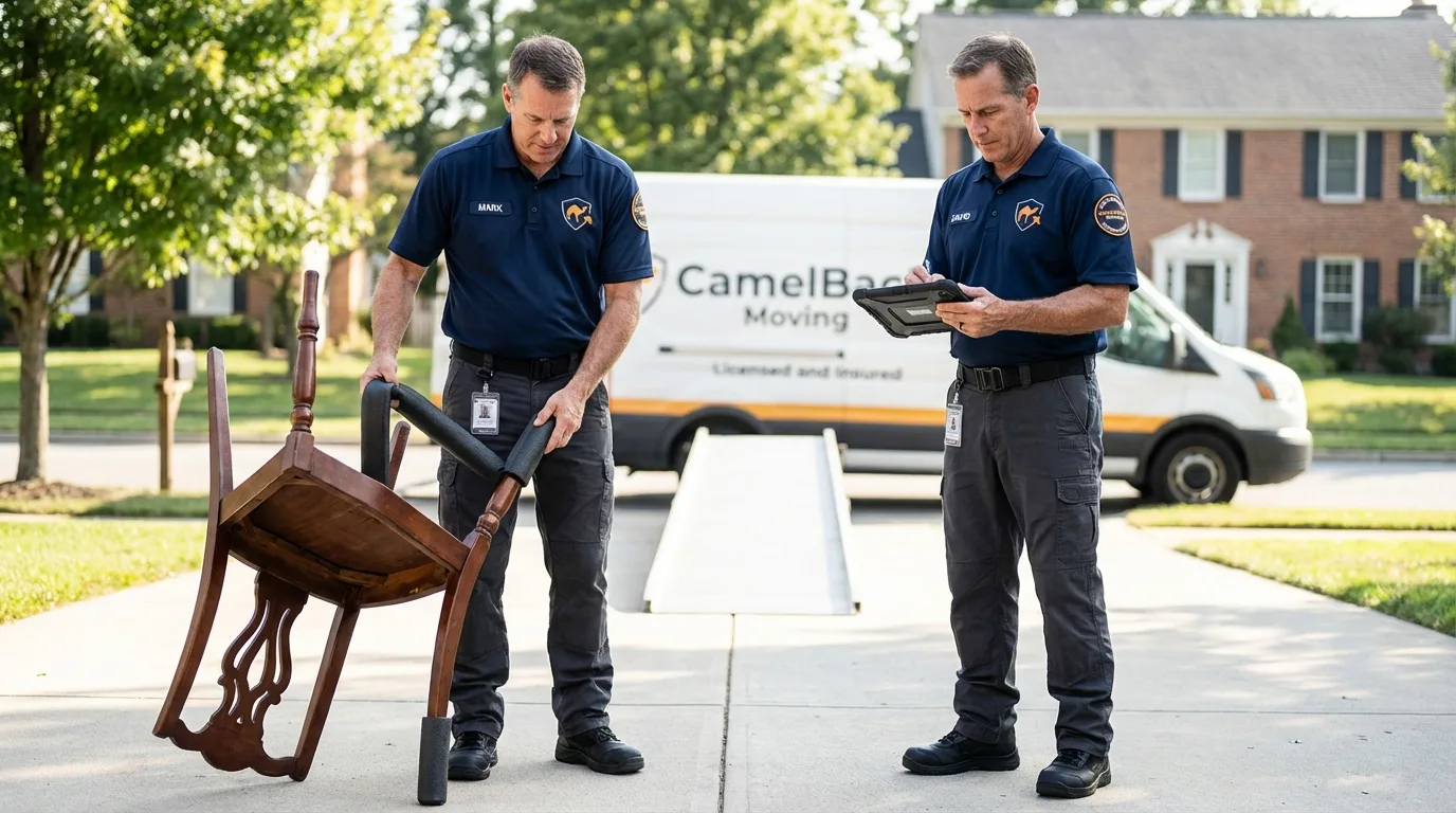 Movers inspecting furniture for damage prevention before loading in Staunton, IL