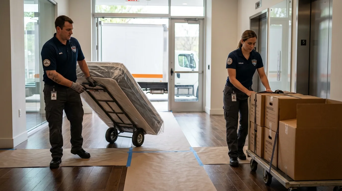 Professional apartment movers loading elevator in Staunton, IL